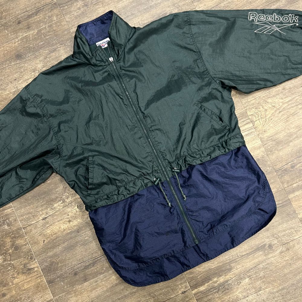 Vintage Reebok Men Windbreaker Jacket Size Medium Green Blue Spellout (465)